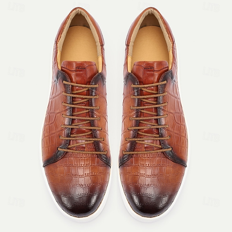 Men's Brown Genuine Leather Sneakers – Stylish Crocodile Embossed Lace-Up Casual Shoes for Daily Wear4