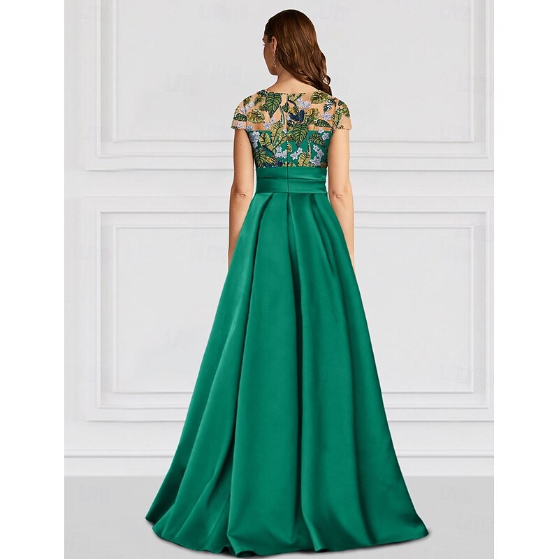 Floral Embroidered Leaf A-Line Evening Gown Elegant Dress Formal Wedding Floor Length Half Sleeve Illusion Neck Satin with Slit Appliques3