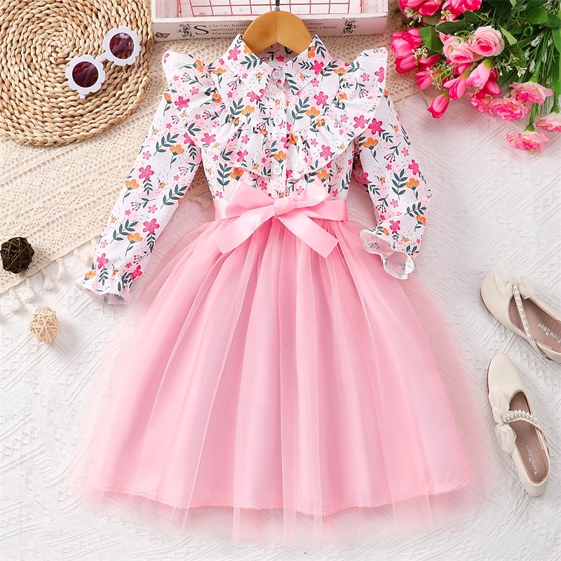 Kids Girls' Dress Flower Long Sleeve Outdoor Casual Tie Knot Fashion Adorable Polyester Knee-length Casual Dress A Line Dress Summer 4 years+ Pink Red Brown