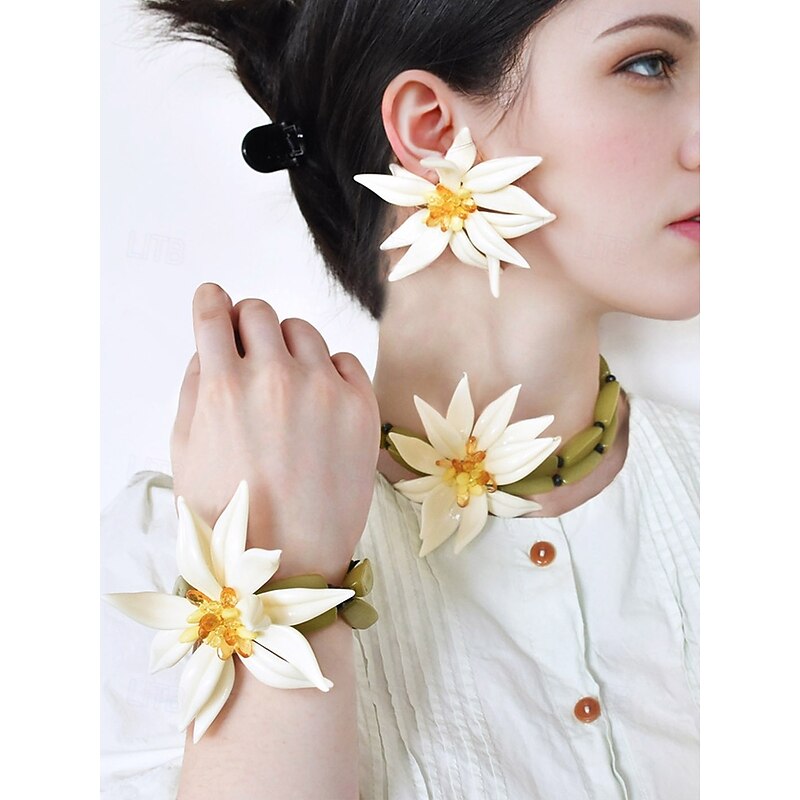 Women's Floral Jewelry Set – Handmade Statement Necklace, Earrings & Bracelet with White Flower Design, Elegant Boho Chic Accessories for Weddings, Parties & Special Occasions2