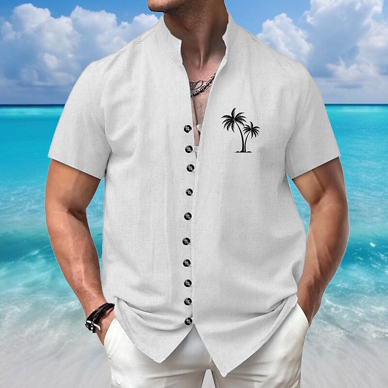Men's Coconut Tree Tropical Summer Hawaiian Shirt Stand Collar Shirt Short Sleeves Hawaiian Vacation Beach Wear Grandad Collar Mandarin Collar Button Up 3D Print Linen Like Shirt White Pink Blue Green