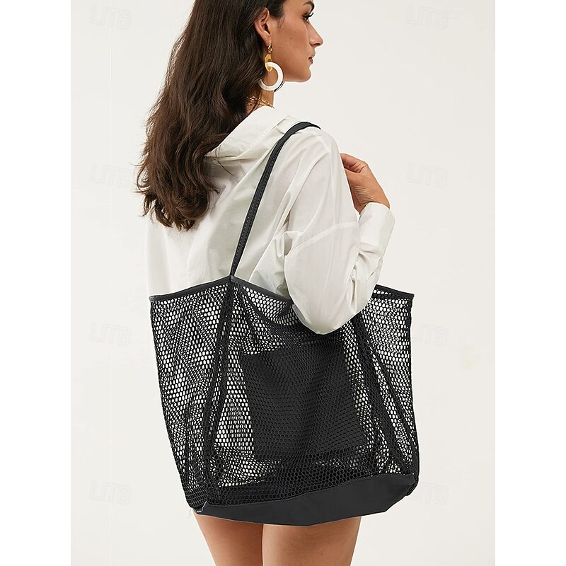 Women's Tote Shoulder Bags Mesh Shopping Casual Daily Beach Large Capacity Solid Color Black Pink Light Green4