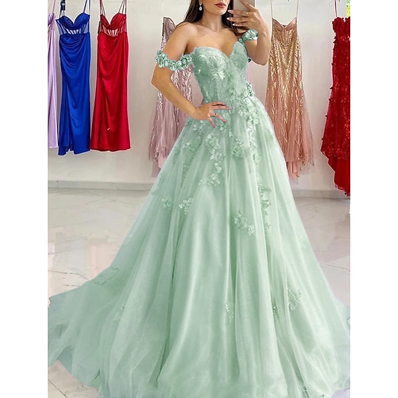 A-Line Prom Dresses Elegant Dress Formal Sweep / Brush Train Sleeveless Sweetheart Tulle with Pleats Sequin Appliques Masquerade Dress4