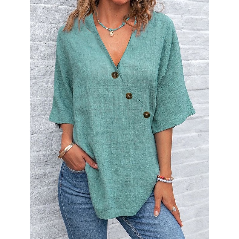 Women's Shirt Cotton Linen Shirts Plain Daily Casual Half Sleeve Butterfly Sleeve Crossover Collar Regular Tops Daily Patchwork Buttons Blue Purple Green Gray Summer Spring2