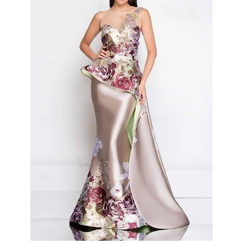 Mermaid Peplum Dress Evening Gown Elegant Dress Wedding Wedding Guest Floor Length Sleeveless Crew Neck Satin with Floral Print and Embroidered Lace