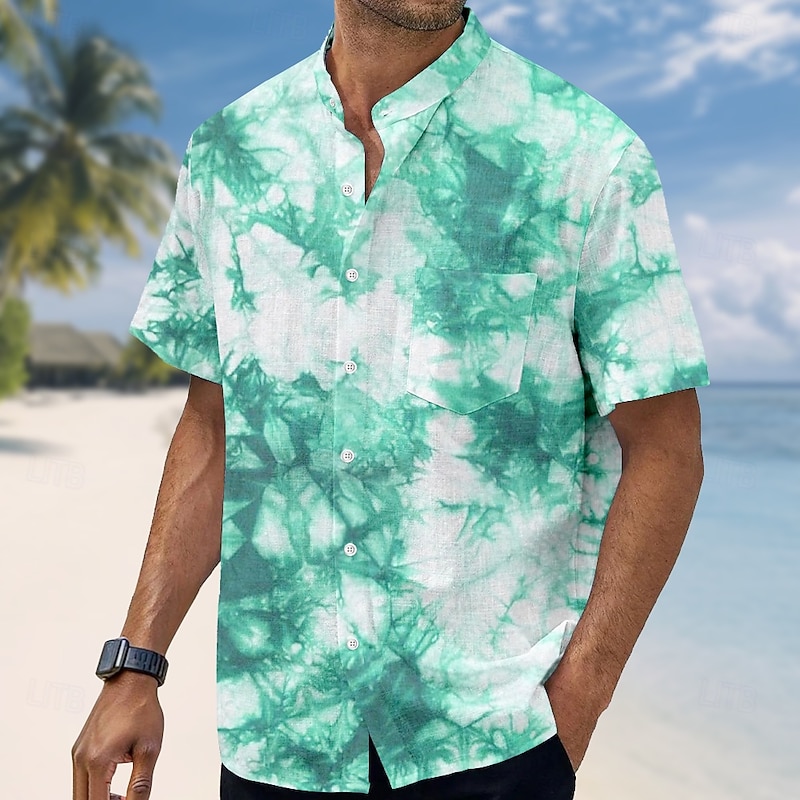 Men's Tie Dye Print Shirt Stand Collar Shirt Short Sleeve Fashion Casual Vacation Holiday Beach Wear Summer Spring Mandarin Collar Band Collar Grandad Collar Button Up 3D Print Linen Like Shirt Red3