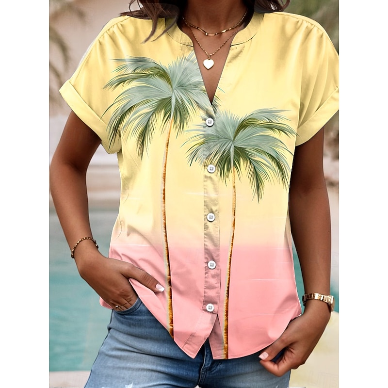 Women's Shirt V Neck Button Down Blouse Summer Tops Ombre Graphic Tree Tropical Daily Hawaiian Short Sleeve Shirt Collar Regular Tops Daily Buttons Print Yellow Summer