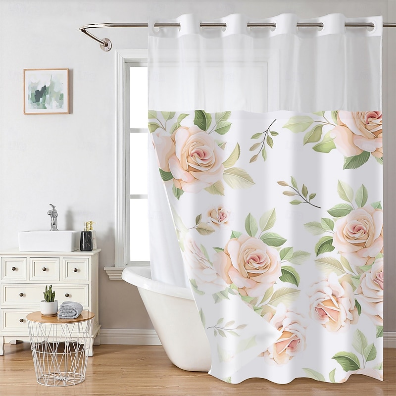 Waffle-Weave Floral Shower Curtain Set with Snap-in Liner and Sheer Window, Water-Repellent Polyester, No-Hook Grommet Top, 120GSM Hotel Spa Bathroom Partition, Double-Layer Design4