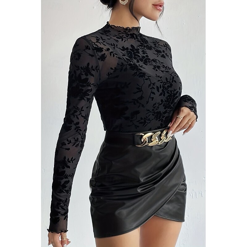 Women's Blouse Plain Stylish Long Sleeve High Neck Regular Tops Holiday Going out Mesh Black Navy Blue Summer4