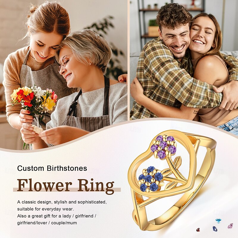 Personalized Custom Flower Ring Custom Best Gift for Mom – Birthstone and Name Jewelry, Unique Mother's Day Gift, Valentine's Day, Anniversary Jewelry for Mom, Partner, Friend2