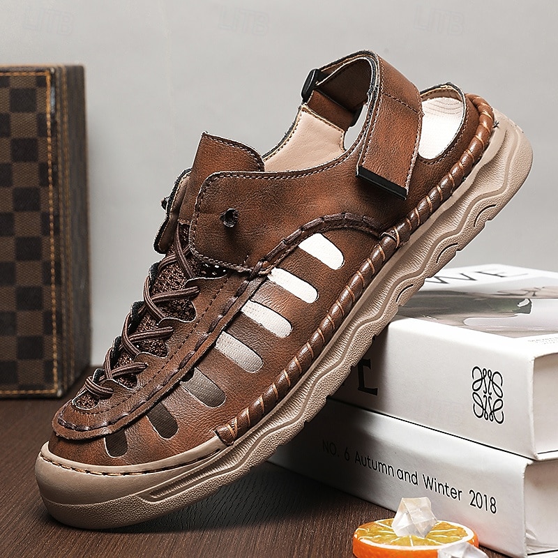 Men's Brown Adjustable Strap Sandals with Open-Toe Design and Anti-Slip Sole for Everyday Casual Wear
