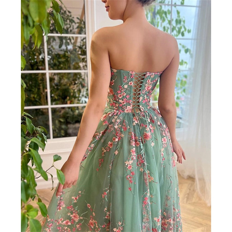 A-Line Cocktail Dresses Elegant Dress Wedding Guest Holiday Floor Length Long Sleeve V Neck with Floral Embroidered Lace Applique3