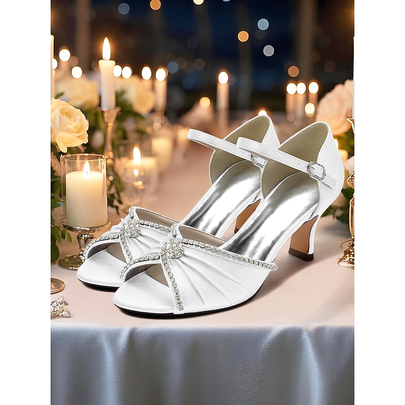 Women's White Satin Peep Toe Heels with Rhinestone Ankle Strap – Elegant Cocktail Party and Wedding Shoes for Evening Celebrations3