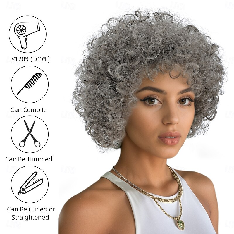 Synthetic Wig Jerry Curl Water Wave Asymmetrical With Bangs Machine Made Wig 12 inch A1 Synthetic Hair Women's Classic Adorable Comfortable Gray2