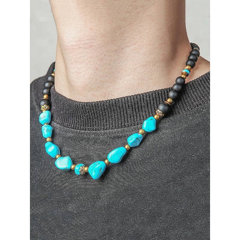 Handmade Natural Stone Beaded Necklace for Men – Vintage Boho Style Turquoise & Black Agate Choker, Tribal Jewelry for Beach, Travel & Casual Wear