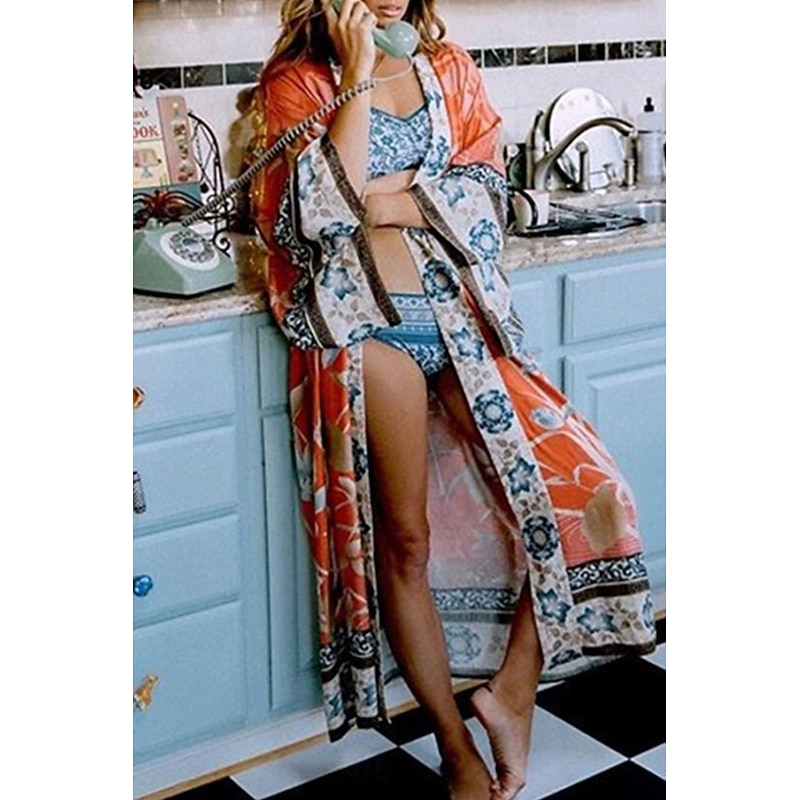 Women's Swimwear Cover Up Swimsuit Tie Front Tropical Beach Wear Flower V Wire Long Sleeve Bathing Suits