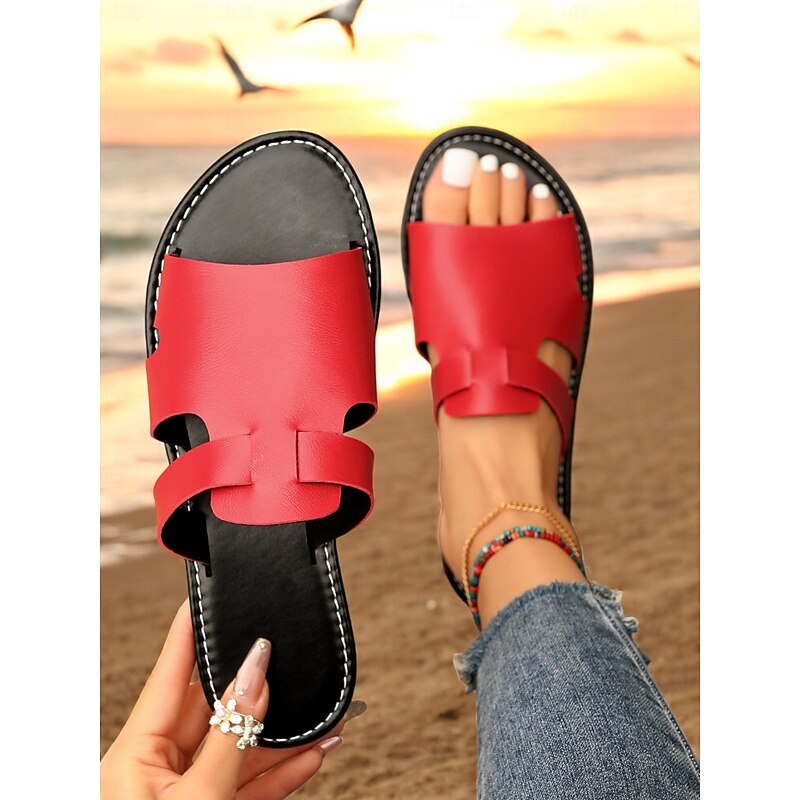 Women's Red Slip-On Sandals – Stylish Open-Toe Flat Sandals for Summer Beachwear, Casual Walks, and Vacation Outfits