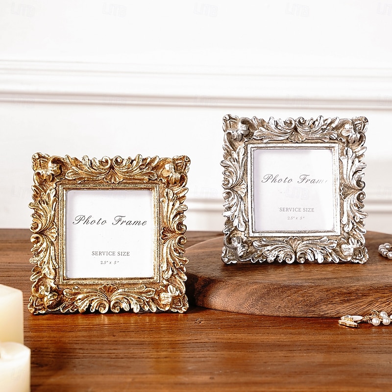 Chrysanthemum Pattern Square Frame, Gold and Silver Resin Material, Desktop Photo Display Frame, Cozy Home Decor for Family Photos and Photography Props2