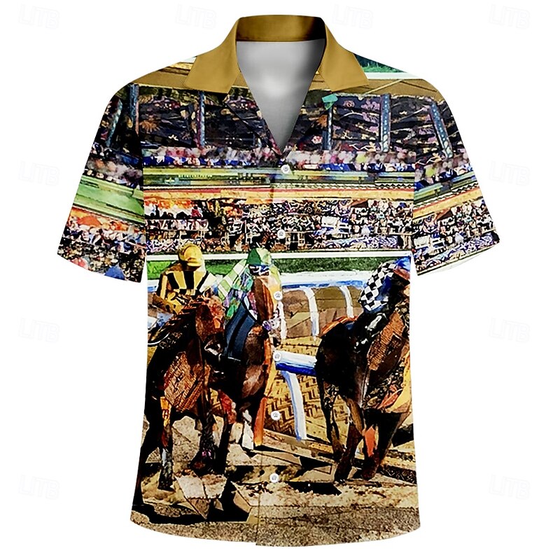Kentucky Derby Men's Horse Racing Shirt Cuban Collar Shirt Short Sleeve Vintage Retro Vacation Holiday Festival Summer Spring Camp Collar Shirt 3D Print Funny Kentucky Derby Shirts Brown