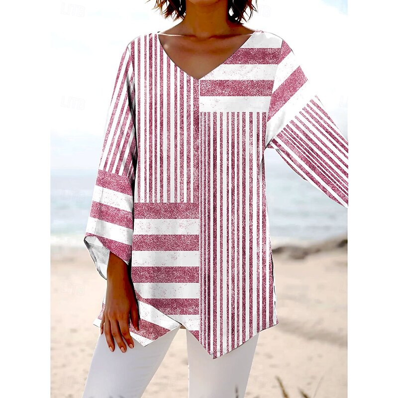 Women's Blouse Long Sleeve Asymmetrical Hem Graphic Striped Stylish Beach Short Sleeve V Neck Regular Tops Daily Print Pink Blue Gray Spring Fall2
