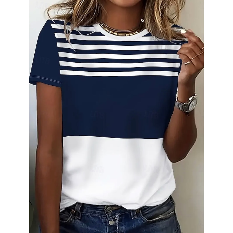Women's T Shirt Graphic Striped Stylish Casual Short Sleeve Round Neck Regular Tops Daily Weekend Patchwork Print Navy Blue Summer Spring