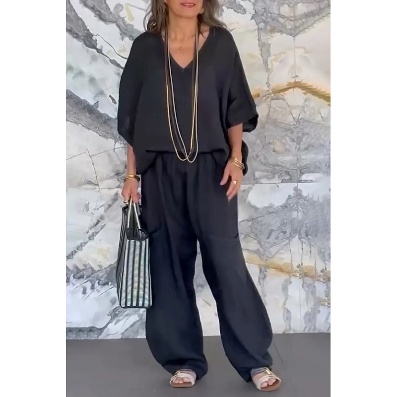 Women's Daily Shirt Cotton Linen Sets Two Piece Sets Half Sleeve V Neck Solid Color Daily Wear Casual Daily Black Light Green Light Grey Summer Regular Fit3