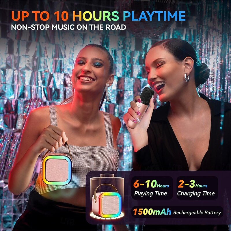 Mini Karaoke Machine Portable Bluetooth Mini Karaoke Microphone Singing Speaker with 2 Wireless Mic and Light  for All Smartphones4