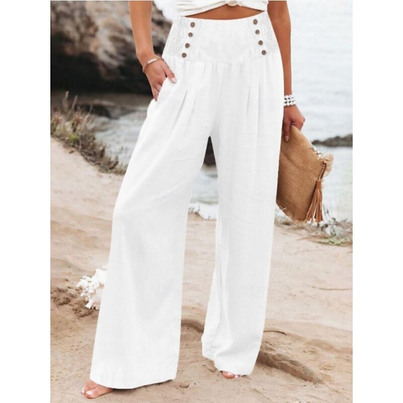 Women's Cotton Linen Wide Leg Solid Color Chinos Baggy Pants Basic Casual Full Length High Waist Plain Elastic Waistband Comfy Soft Comfortable Micro-elastic Outdoor Street Beach4