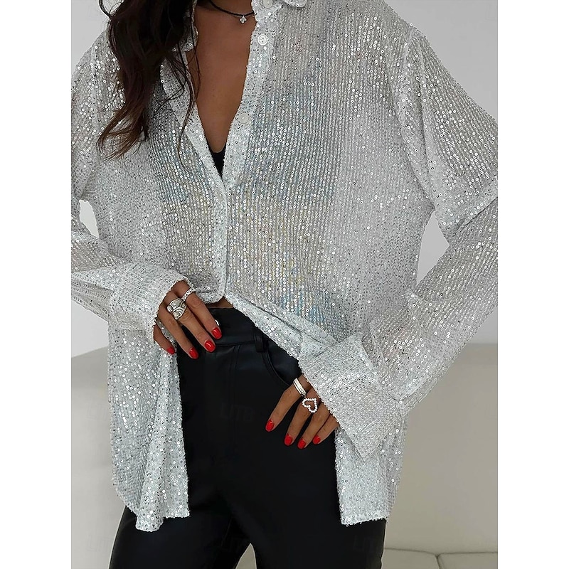 Mardi Gras Women's Going Out Tops Summer Tops Plain Fashion Hot Modern Long Sleeve Shirt Collar Regular Tops Party Evening Wear Going out Party Outfits Sequins Buttons Silver Black Summer Spring Fall