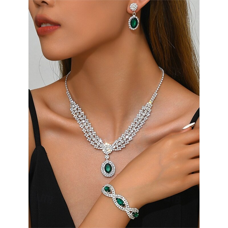 Luxury Green Crystal Jewelry Set for Women – Elegant Necklace, Bracelet & Earrings, Rhinestone Bridal Wedding Accessories for Parties & Formal Events2
