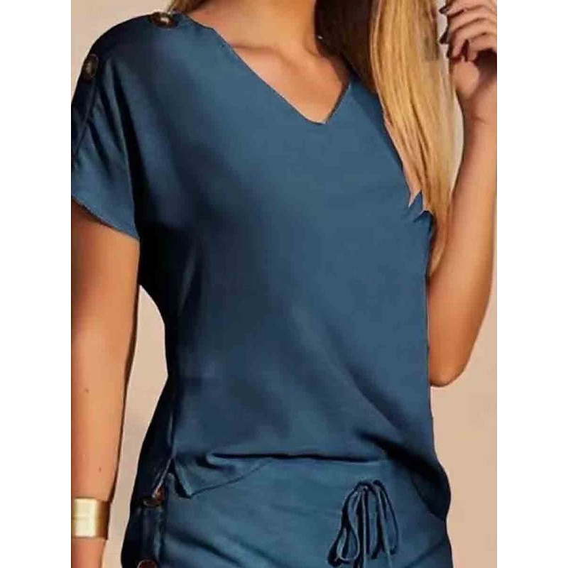 Women's 2 Pieces Fashion Streetwear Daily Shorts Sets Short Sleeve V Neck Geometric Plain Drawstring Print Casual Daily Yellow Blue Orange Summer Regular Fit3