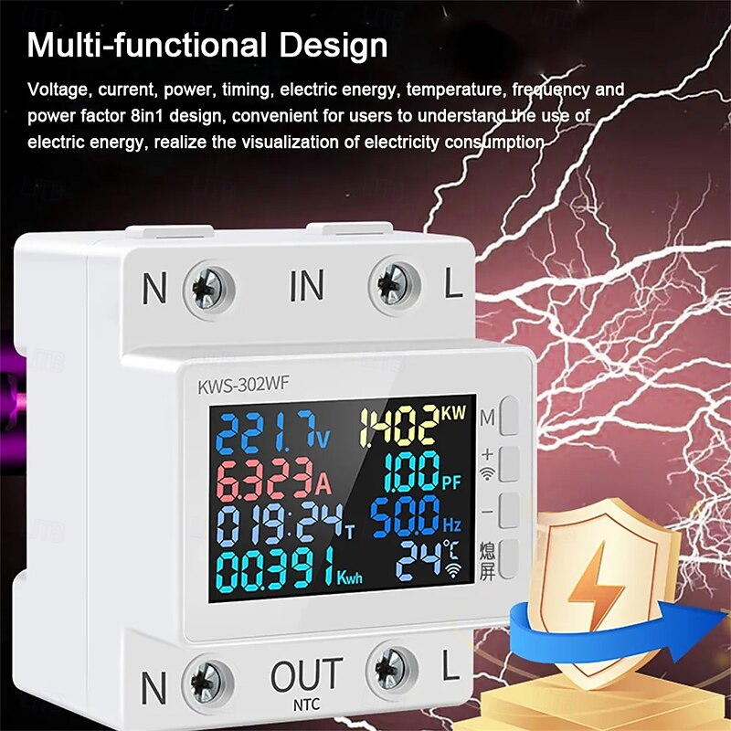 Tuya WiFi 8in1 Power Meter Color Screen 2P Multi-function AC Energy Meter Mobilephone Remotely APP Control 170-270V/63A3