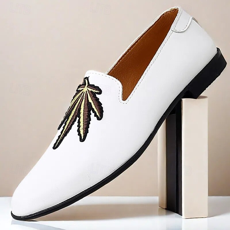 Men's Prom Shoes - White Faux Leather Loafers with Feather Tassel Detail for Formal Events
