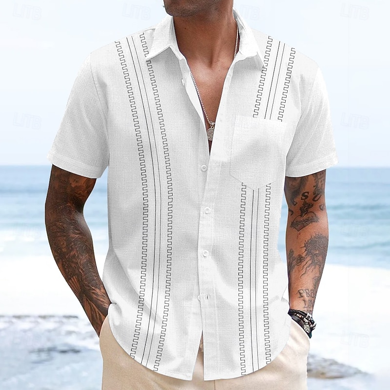 Men's Geometric Shirt Guayabera Shirt Button Up Shirt Short Sleeve Fashion Casual Vacation Dailywear Beach Wear Summer Spring Turndown 3D Print Collared Shirts Front One Pocket White Pink Blue2