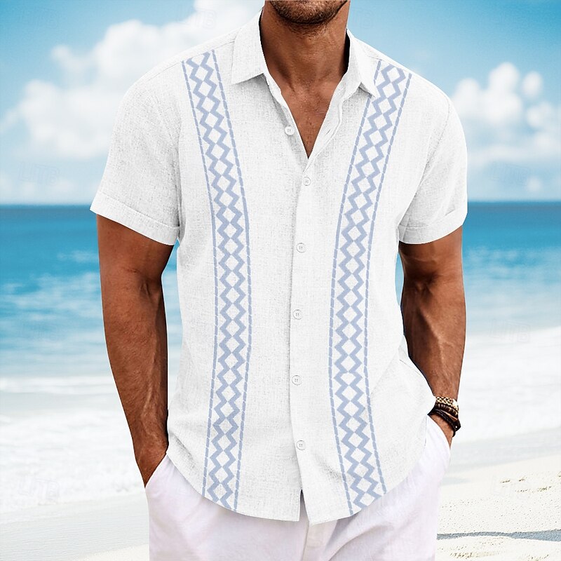 Men's Geometric Shirt Guayabera Shirt Button Up Shirt Short Sleeve Fashion Casual Vacation Dailywear Beach Wear Summer Spring Turndown Collared Shirts White Pink Blue Green4