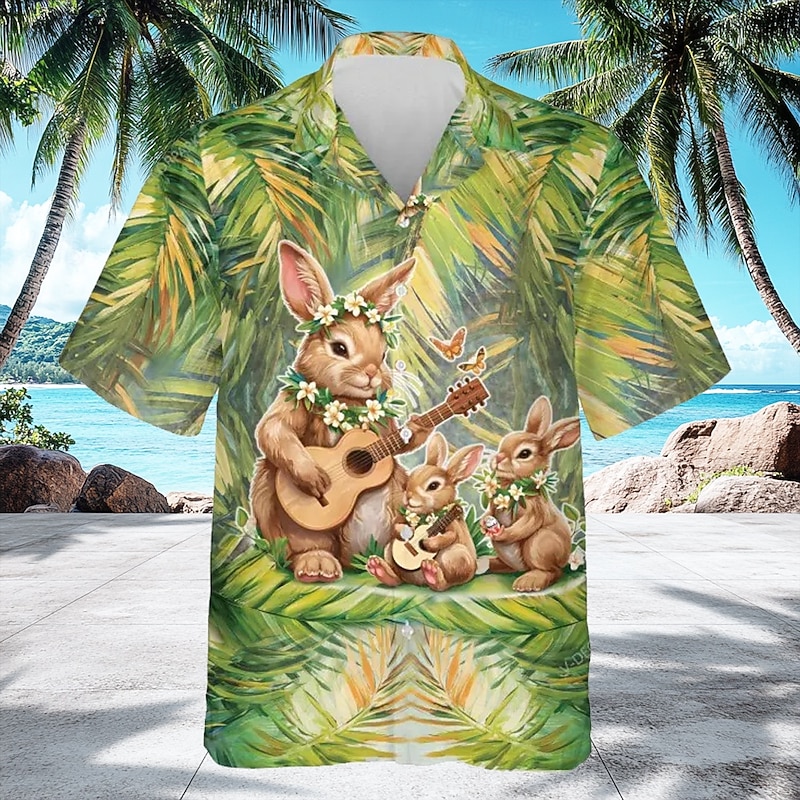 Easter Men's Bunny Plants Floral Print Shirt Cuban Collar Shirt Button Up Shirt Short Sleeve Vintage Retro Holiday Festival Summer Spring Camp Collar Shirt 3D Print Green