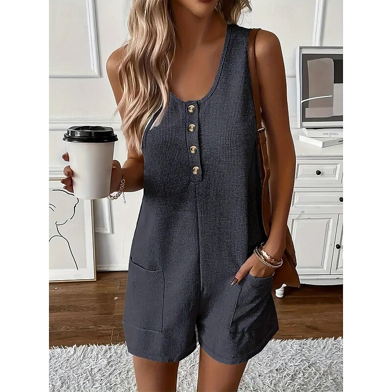 Women's Normal Romper Casual Solid Color Sleeveless Baggy Shorts Crew Neck Buttons Pocket Sport Daily Regular Fit Black Army Green Brown Summer