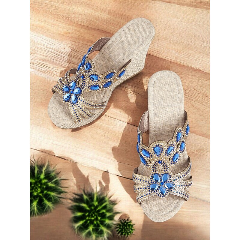 Women's Rhinestone Wedge Sandals – Sparkly Open-Toe Platform Sandals with Gem Embellishments for Summer, Beachwear, and Casual Chic Outfits2