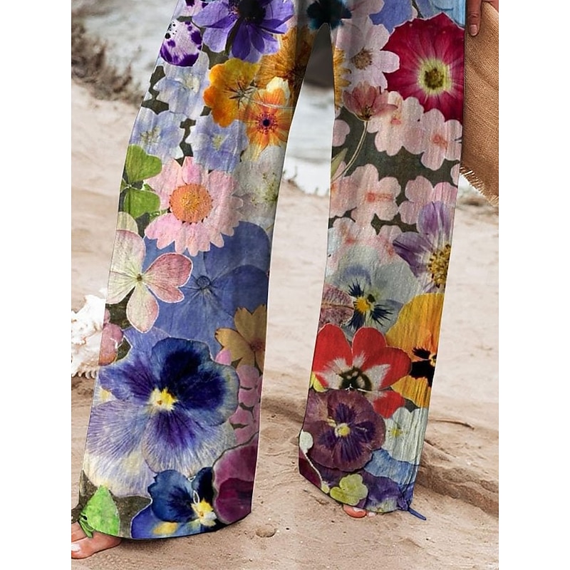 Women's Cotton Linen Wide Leg Chinos Baggy Pants Active Vacation Full Length High Waist Floral Elastic Waistband Printing Comfy Soft Comfortable Micro-elastic Outdoor Street Navy-blue Royal Blue3
