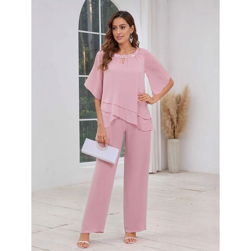 Pantsuit Mother of the Bride Dress Wedding Guest Elegant Simple Scoop Neck Floor Length Polyester 3/4 Length Sleeve with Solid Color3