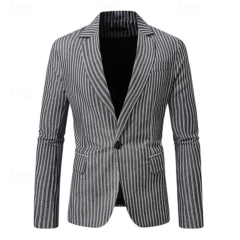 Men's Blazer Business Cocktail Party Wedding Party Fashion Casual Spring Autumn / Fall Polyester Stripes Pocket Buttons Comfortable Single Breasted Blazer Dark Gray Light Grey2