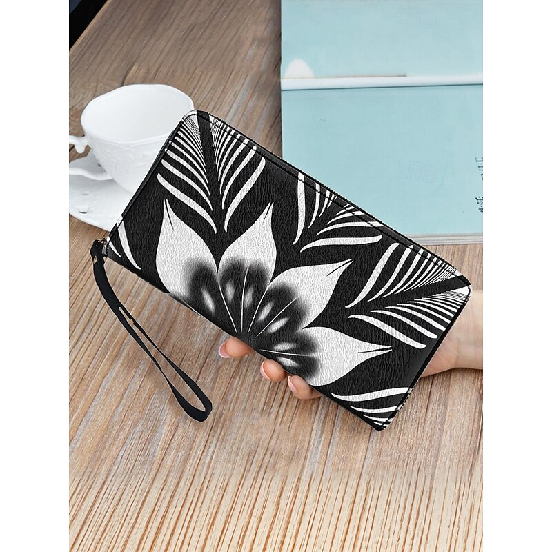 Women's Black and White Floral Print Wallet – Faux Leather Zipper Clutch with Wrist Strap, Stylish Large Capacity Purse for Travel, Shopping & Everyday Use2