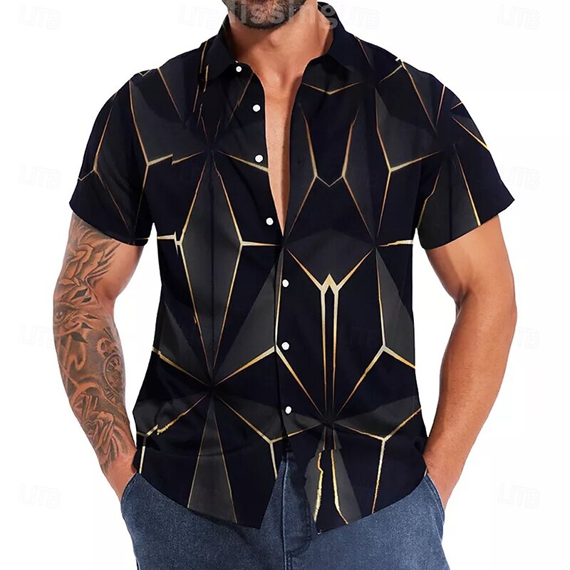 Men's Geometric Grid / Plaid Shirt Button Up Shirt Short Sleeve Fashion Casual Vacation Holiday Streetwear Summer Spring Turndown 3D Print Collared Shirts Black Yellow