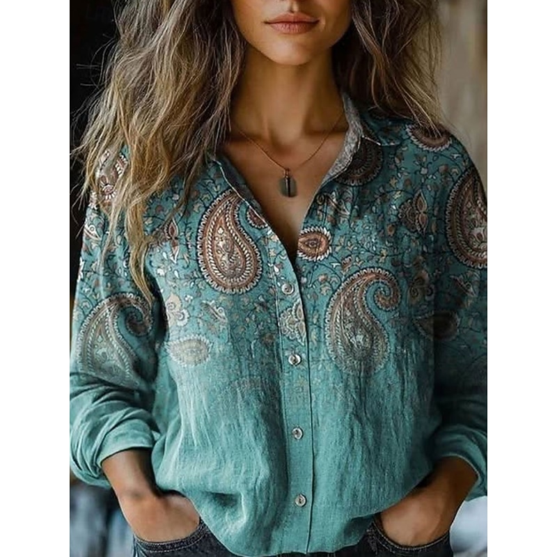 Women's Shirt Button Down Tunic Shirt Collar Long Sleeve Graphic Casual Regular Tops Work Daily s Print Red Blue Green Khaki Spring Fall Winter2
