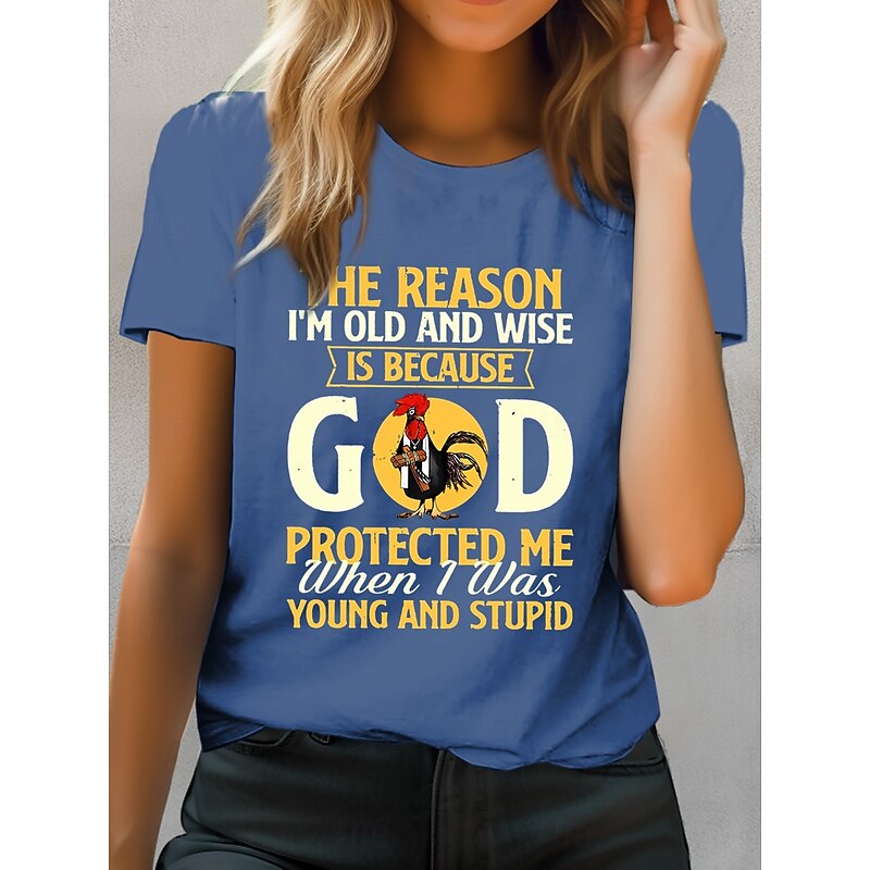 Women's T Shirt Cotton Shirt Rooster Letter Casual Short Sleeve Round Neck Regular Tops Daily Print Black Blue Green Summer3