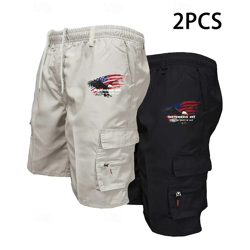 Men's 2Pcs Cargo Shorts Shorts Summer Shorts Drawstring Elastic Waist Multi Pocket Eagle USA Flag Comfort Wearable Knee Length Outdoor Sport Daily Fashion Casual Light Grey