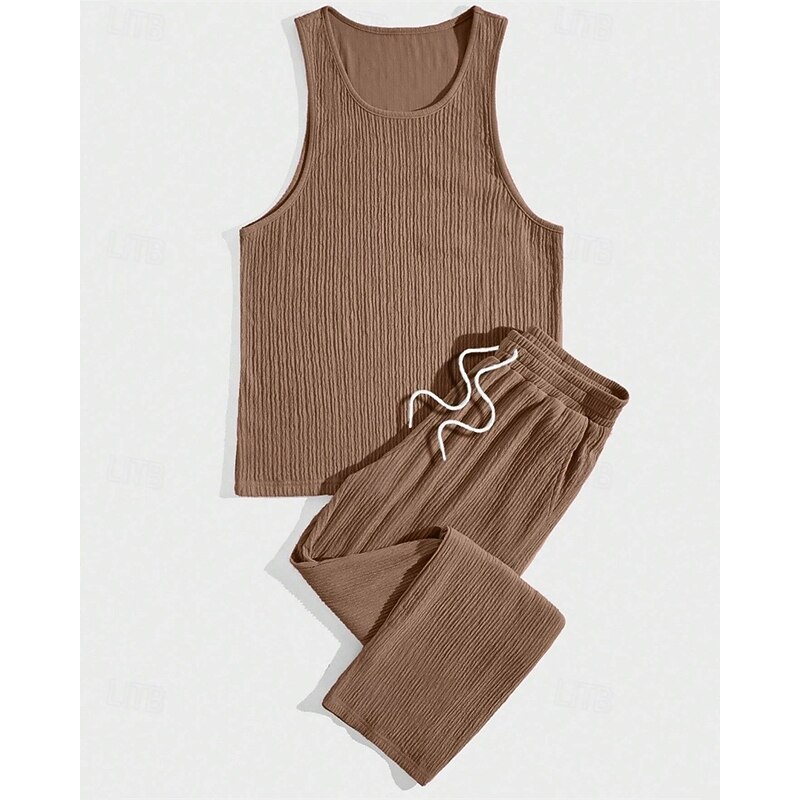 Men's T-shirt Suits Undershirt Shirt and Pant Sets 2 Pieces Outfits Sleeveless Crewneck Summer Plain Fashion Casual 2 Piece Vacation Daily Wear Going out Black Brown Khaki Top Tee for Men2