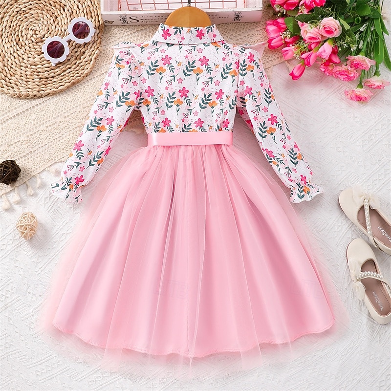 Kids Girls' Dress Flower Long Sleeve Outdoor Casual Tie Knot Fashion Adorable Polyester Knee-length Casual Dress A Line Dress Summer 4 years+ Pink Red Brown2