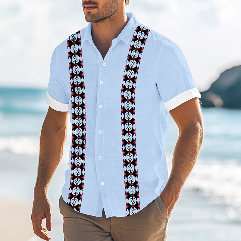 Men's Geometric Ethnic Shirt Guayabera Shirt Button Up Shirt Short Sleeve Fashion Casual Vacation Dailywear Beach Wear Summer Spring Turndown Collared Shirts Dark Khaki White Blue