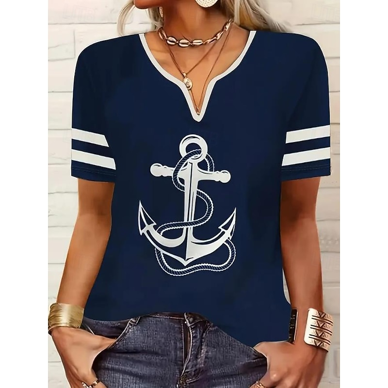 Women's T Shirt Ocean Striped Anchor Casual Short Sleeve Notched Neck Regular Tops Daily Going out Beach Wear Print Navy Blue Summer Spring